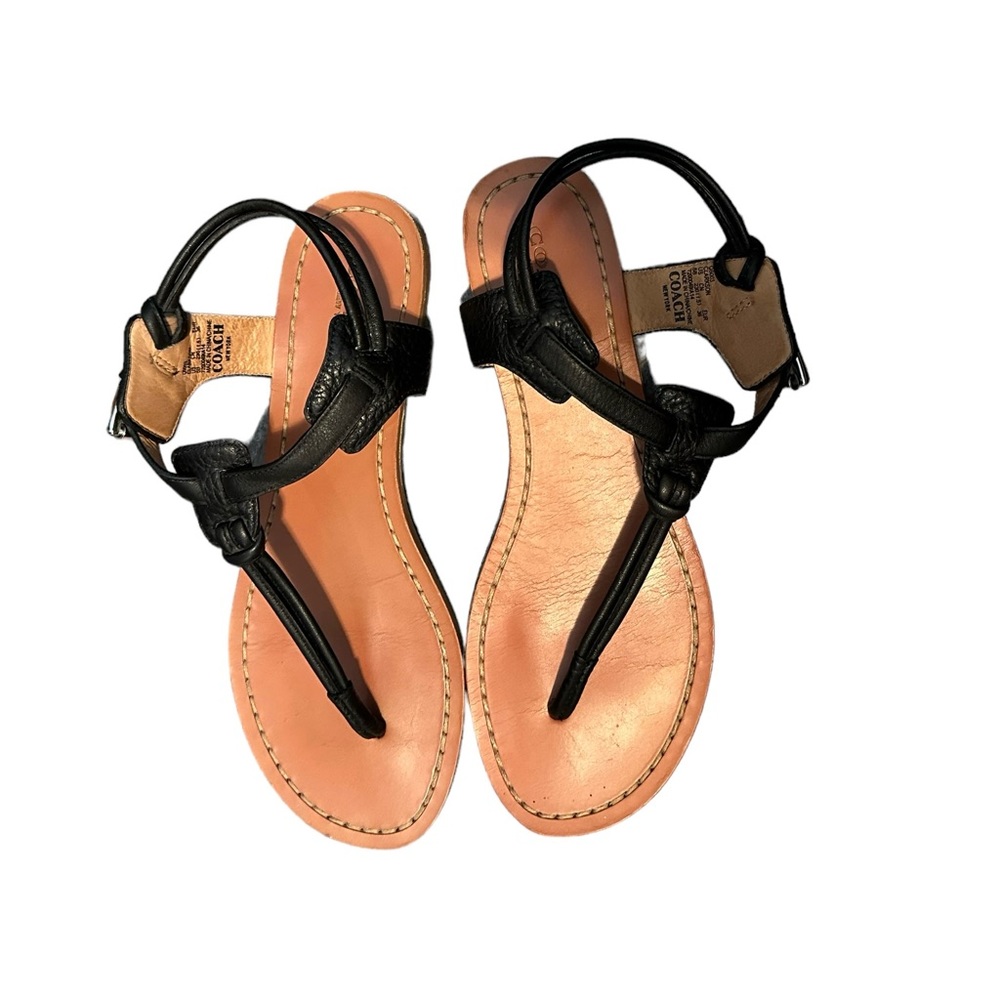 Coach Clarkson T Strap Leather Sandals Women's Size 6 B  Black Flats EUC